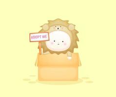 Cute baby in lion costume inside the box with adopt me text sign. vector