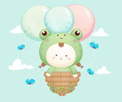 Cute baby in frog costume flying with balloon. vector