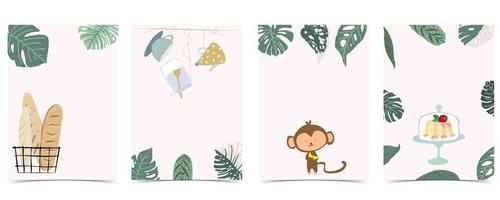 Collection of kid postcard set with leaf,monkey, cake vector