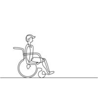 Continuous one line drawing of disable man on wheelchair enjoy moving vector