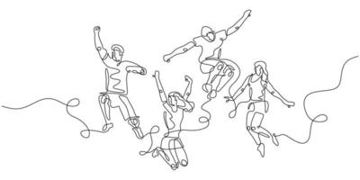 continuous line drawing of four jumping happy team members vector