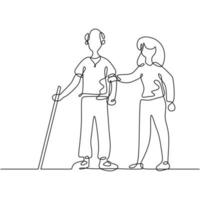 One continuous line art of woman help blind man walk on the street vector