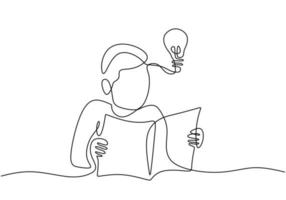 Continuous line of man reading book with bulb on head idea concept vector