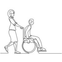 Continuous one line drawing of nurse pushing wheelchair of disable man vector