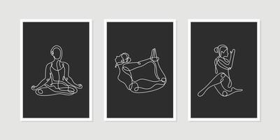 Continuous one line set of woman doing different yoga poses vector