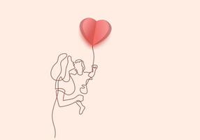 Continuous one line drawing of young mother hold her baby vector