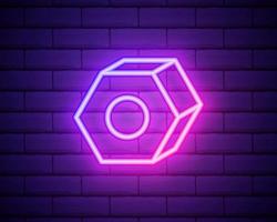 Glowing neon line Hexagonal metal nut icon isolated on brick vector