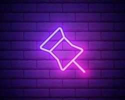 Glowing neon Push pin icon isolated on brick wall background vector