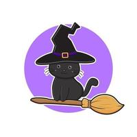 Cute black cat halloween flying with broom cartoon icon illustration
