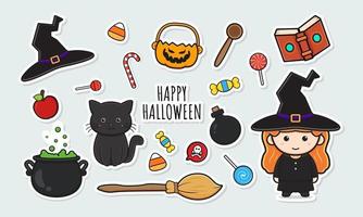 Establecer colección de pegatinas de halloween de bruja linda con objeto doodle vector