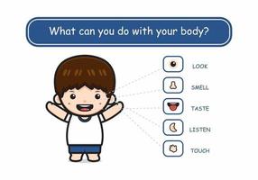 Five senses template with cute boy human organs cartoon illustration vector