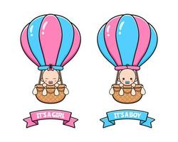 tarjeta de baby shower con lindo bebé montando dibujos animados en globo aerostático vector