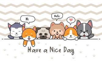 lindo perro y amigos tarjeta de felicitación doodle dibujos animados icono ilustración vector