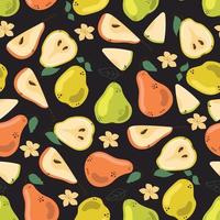 Seamless pattern of cute hand drawn pears on black background. vector