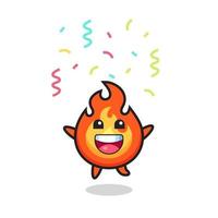 happy fire mascot jumping for congratulation with colour confetti vector