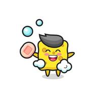 sponge character is bathing while holding soap vector
