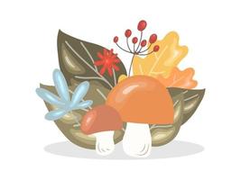 Mushrooms with autumn leaves and berries. Thanksgiving concept vector