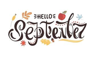 hola septiembre letras con elementos de diseño floral y floral. vector