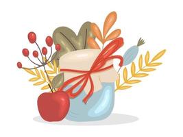 Jar of jam with autumn leaves, berries, apple. Thanksgiving concept vector