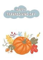 Thanksgiving card with pumpkin, mushroom, autumn leaves vector