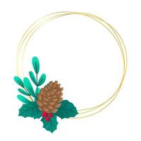 Minimalistic golden Christmas round frame with fir cone, leaves vector