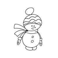 Hand drawn funny snowman in a hat, scarf and mittens vector