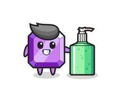 cute purple gemstone cartoon with hand sanitizer vector