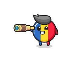 cute romania flag badge character is holding an old telescope vector