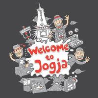 welcome to yogyakarta indonesia with javanese and tourist illustration vector
