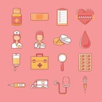 Kawaii de conjunto de iconos de equipos de medicina saludable vector