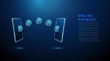 Abstract blue coins flying from one phone to another. vector