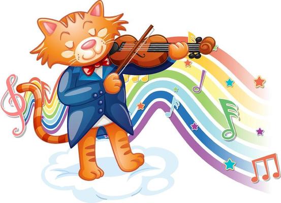 Cat playing violin with melody symbols on rainbow wave