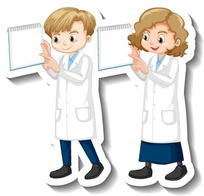 Cartoon character sticker with children in science gown