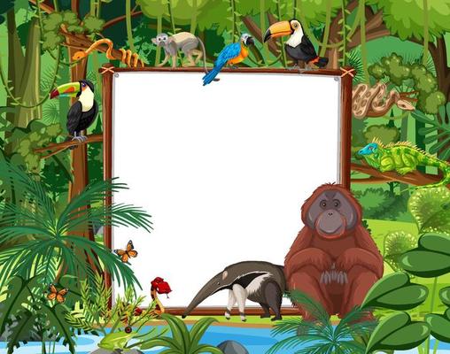 Blank banner in the rainforest scene with wild animals