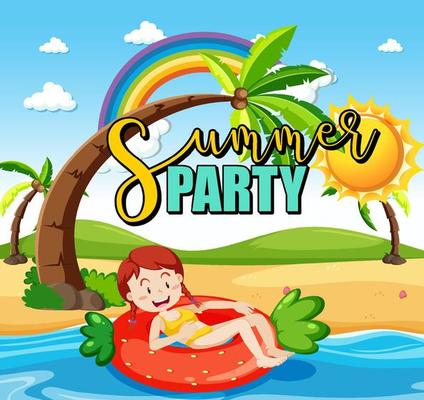 Tropical beach scene with Summer Party text banner