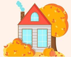 Autumn landscape with a house tree bushes and leaves Vector