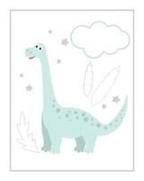 Tarjeta de bebé con linda nube de dinosaurio y hojas ilustración vectorial vector