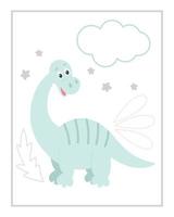 Tarjeta infantil con nube de dinosaurio y hojas ilustración vectorial vector