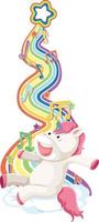 Unicorn sitting on the cloud with rainbow on white background vector