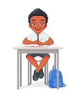 Happy African school boy sitting at desk cartoon vector illustration
