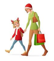 Madre e hija en la ilustración de vector de compras de Navidad