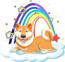 Cute dog on the cloud with rainbow vector