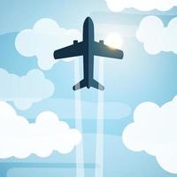 Bottom view of airplane flying in blue sky and clouds under sun vector