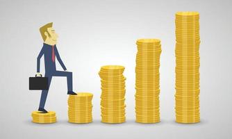 Business man walks up on stack of coins rising vector