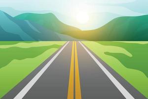 Asphalt road with fields and mountains with sunset. vector