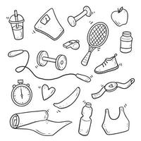 Hand drawn set of fitness, gym equipments vector