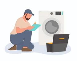 A plumber is repairing a washing machine. vector