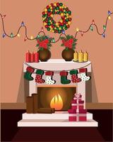 Chimenea navideña con calcetines de regalo y velas. vector