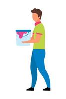 Young man with paint bucket semi flat color vector character