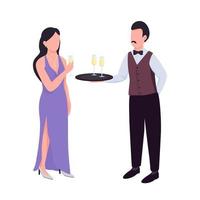 Waiter serving sparkling wine semi flat color vector characters